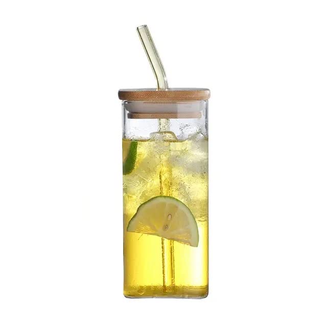 Glass sipper with glass straw (sqaure bamboo lid glass jar) set of 1