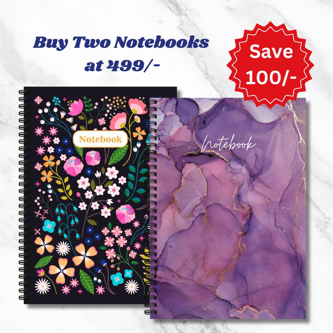 A5 Spiral Notebook PACK OF 2  Midnight bloom , Purple marble