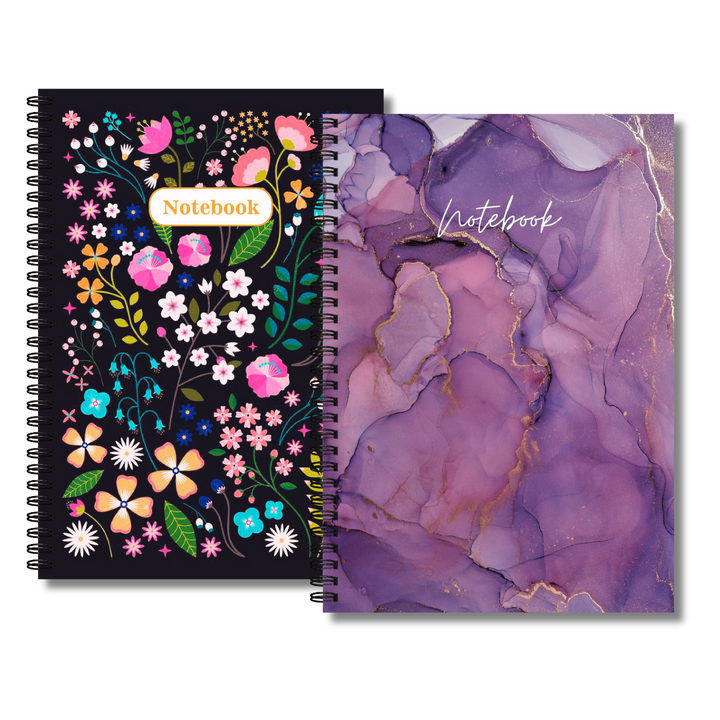 A5 Spiral Notebook PACK OF 2  Midnight bloom , Purple marble