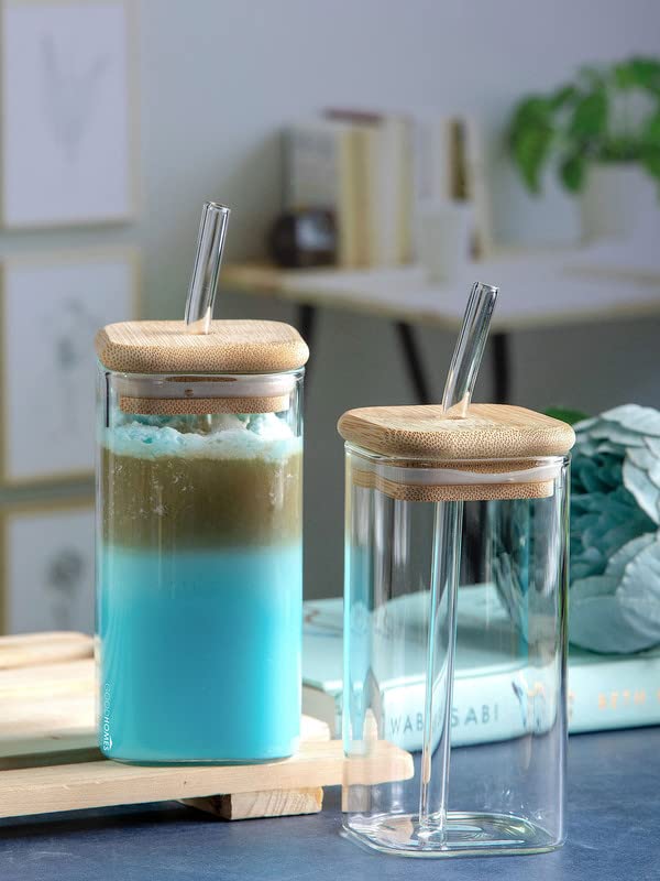 Glass sipper with glass straw (sqaure bamboo lid glass jar) set of 1