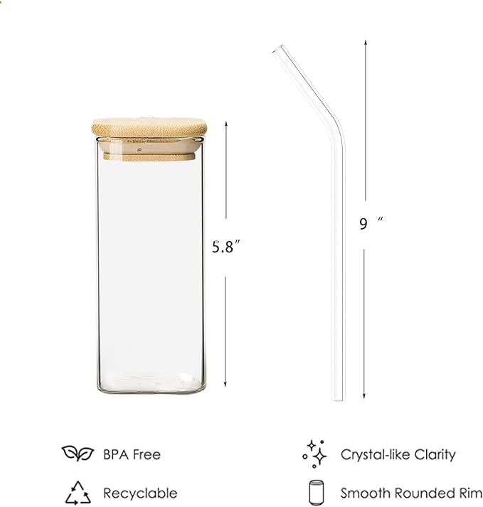 Glass sipper with glass straw (sqaure bamboo lid glass jar) set of 1