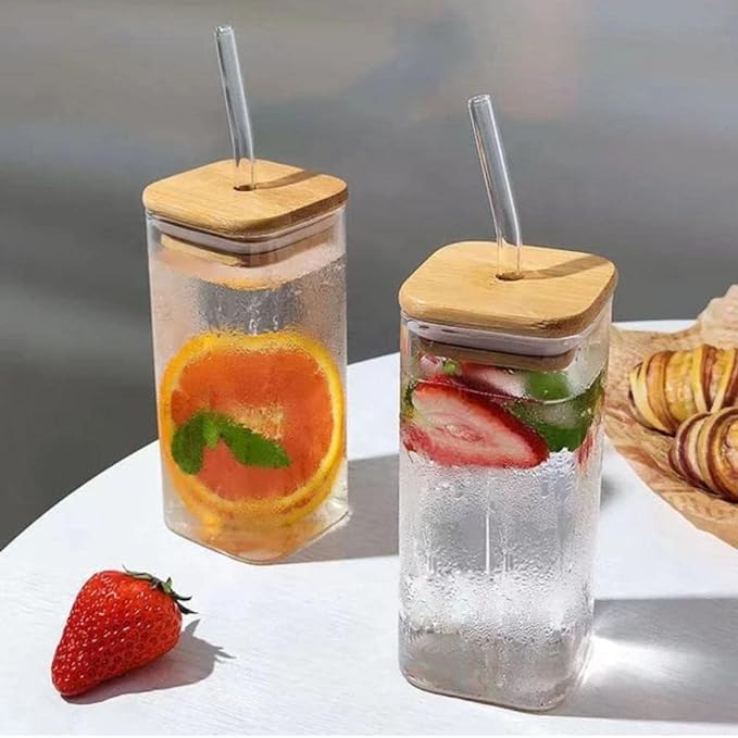 Glass sipper with glass straw (sqaure bamboo lid glass jar) set of 1