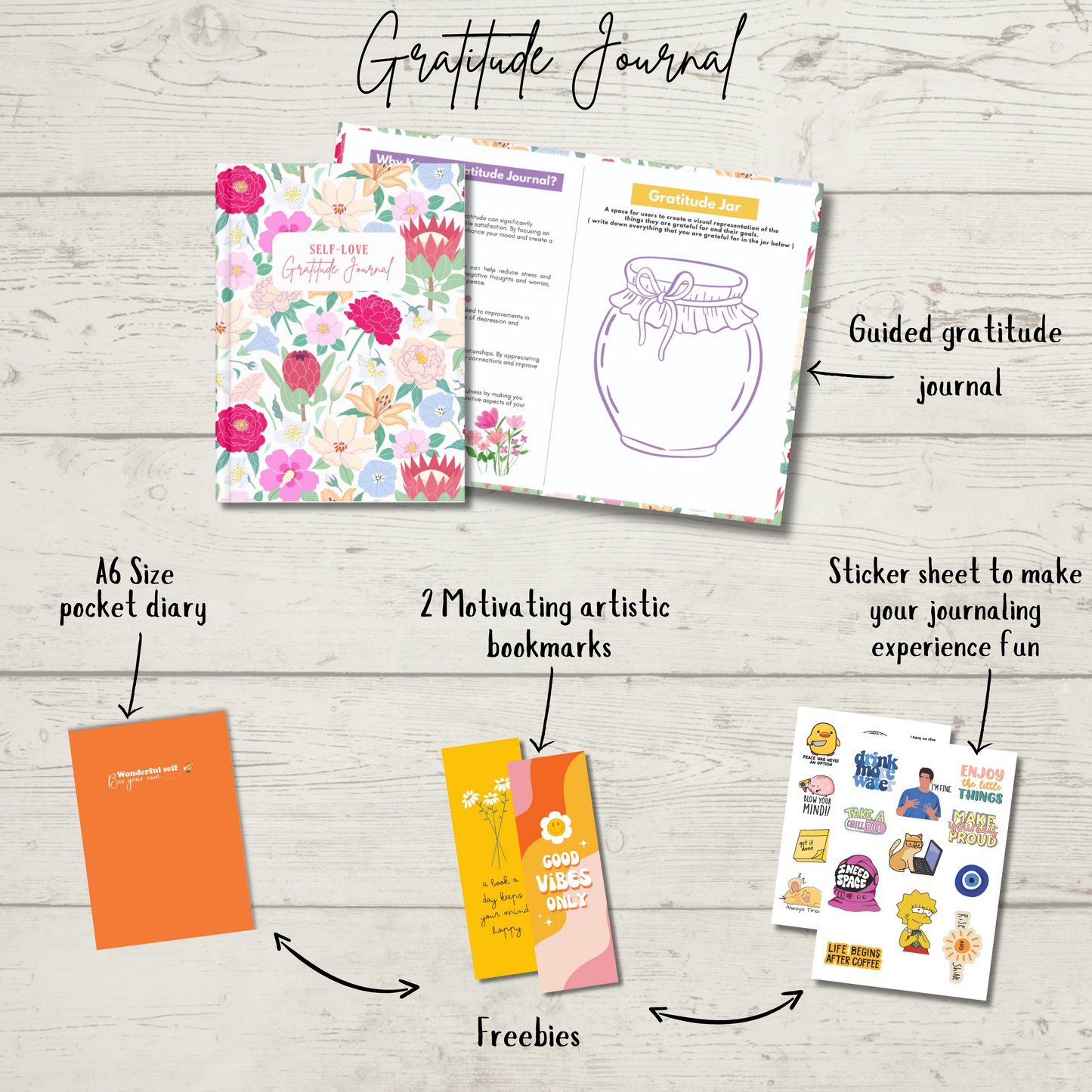 The SFS store Self-love Gratitude journal +2 Sticker sheet, +2 Bookmark, Pocket Notebook Dairy, Monthly & Weekly Layout 130 pages 100 GSM Productive & mindful planner (Elegant blossom)