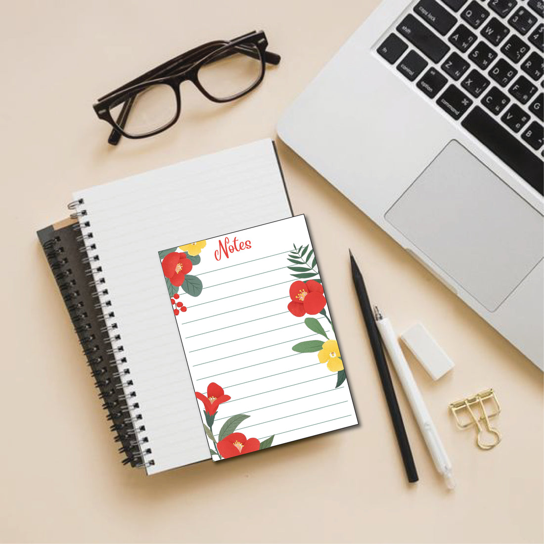 Memo Notepad Tear Off Sheets (Pack of 2) Red & yellow flower