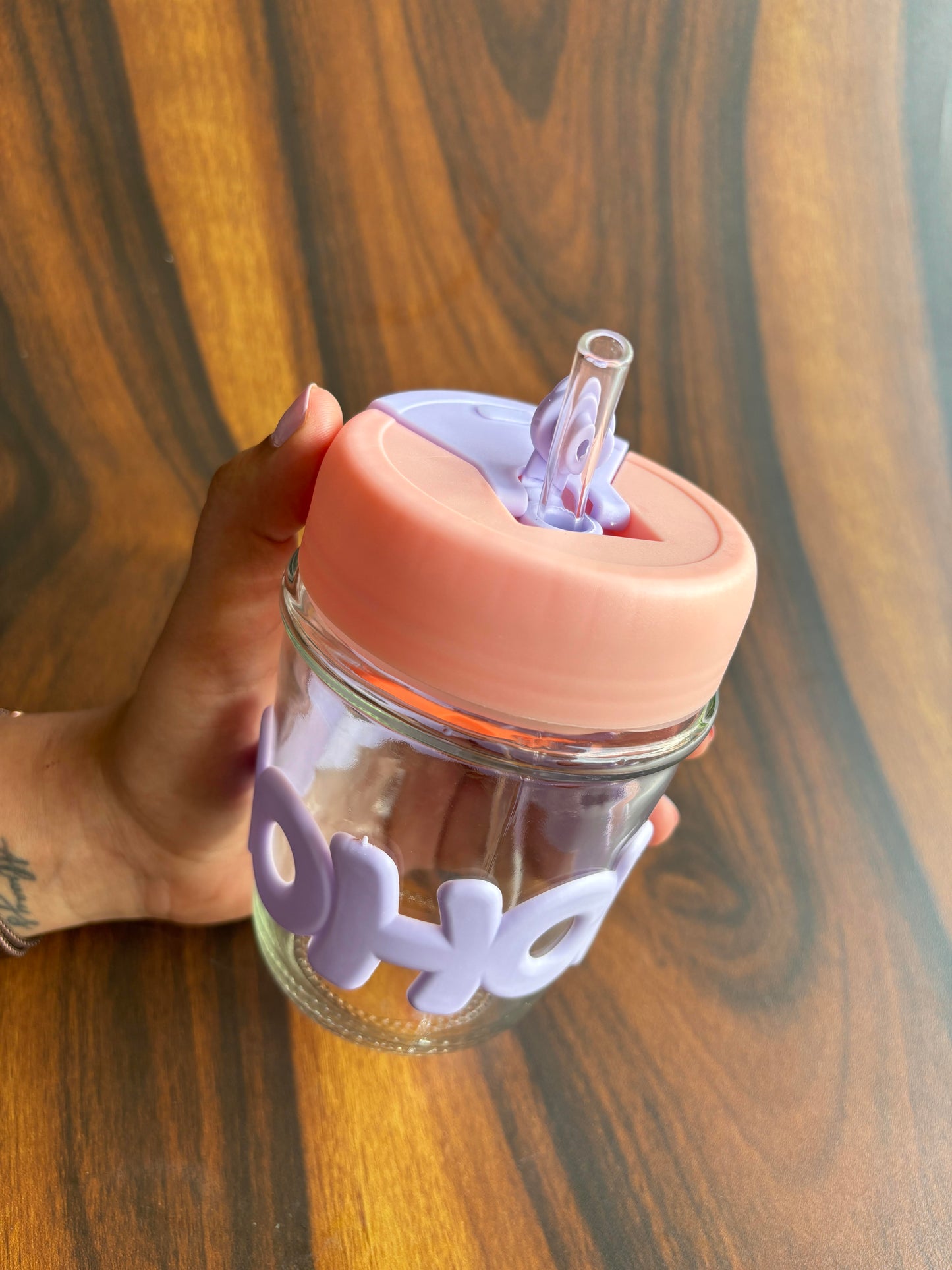 Glass small tumbler with glass straw and silicone grip - 350 ml