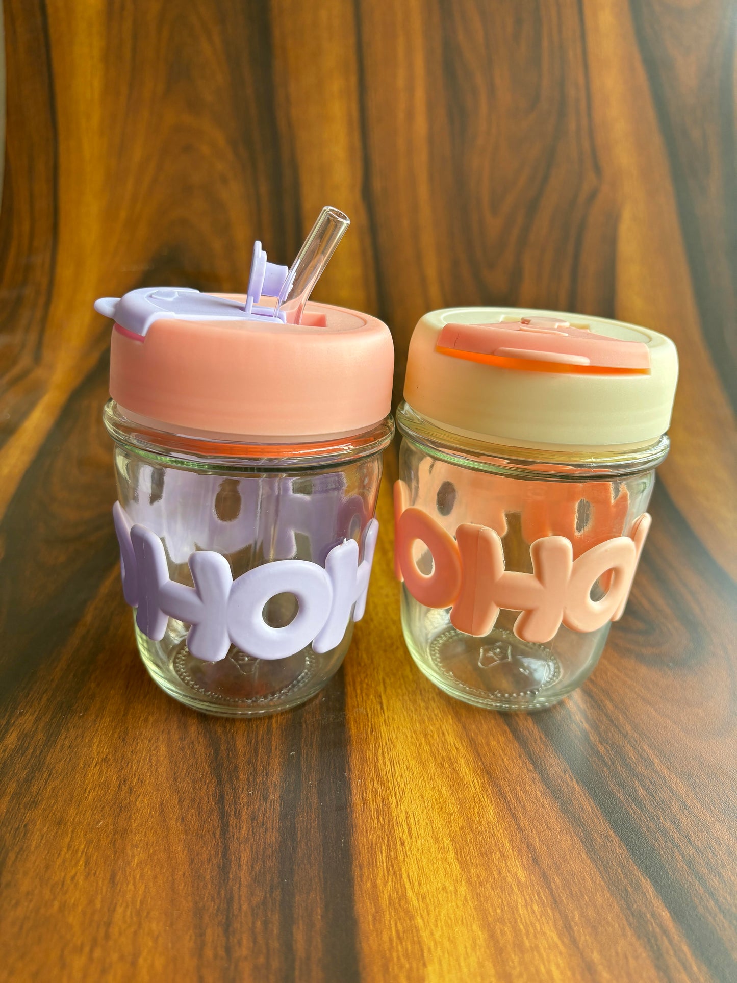 Glass small tumbler with glass straw and silicone grip - 350 ml